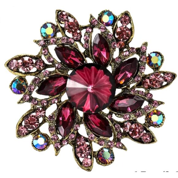 Purple Floral Pinwheel Rivoli Rhinestone Brooch - Picture 1 of 2